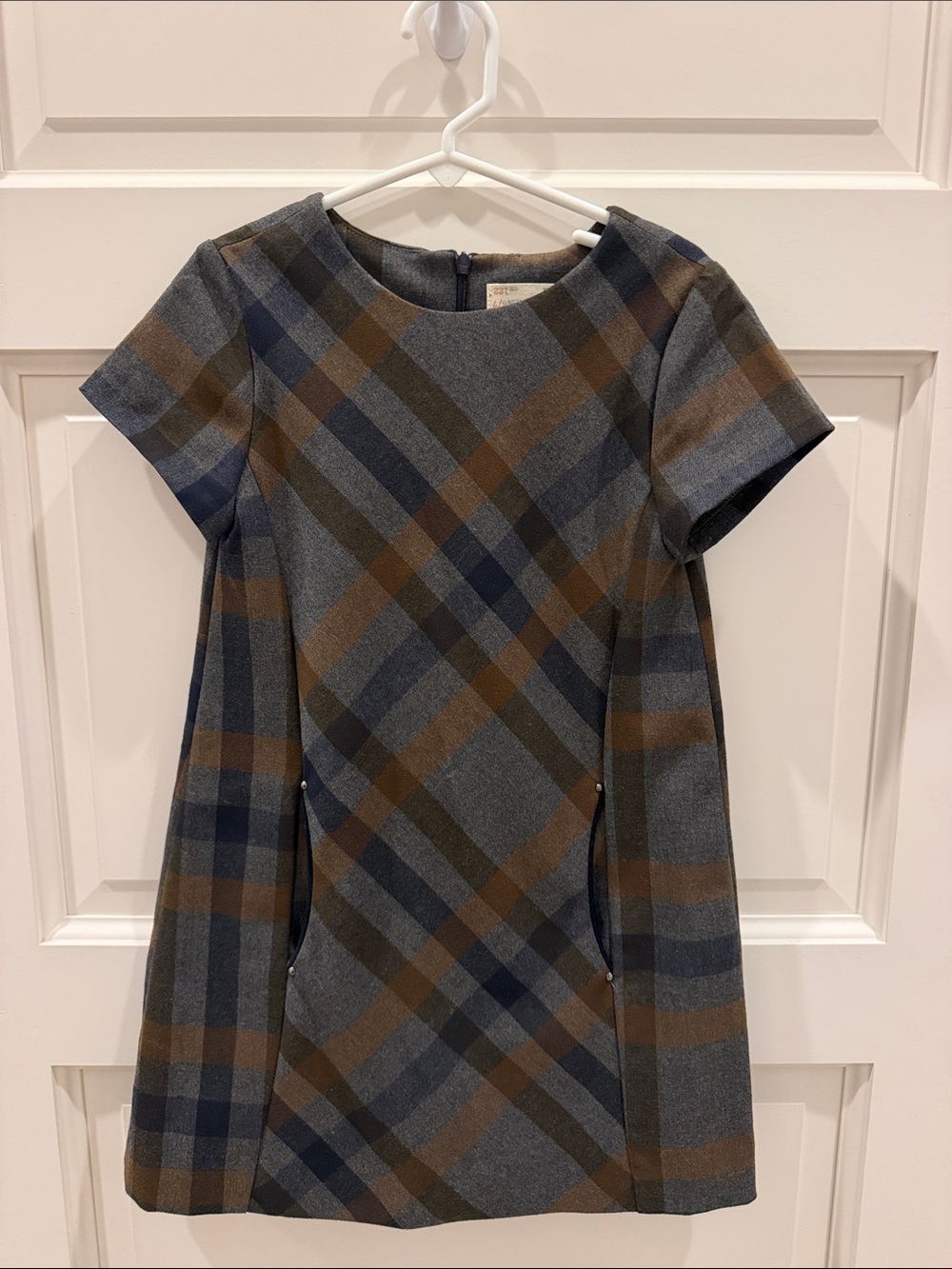 Zara girls Plaid Short-Sleeve Shift Dress in Gray and Brown